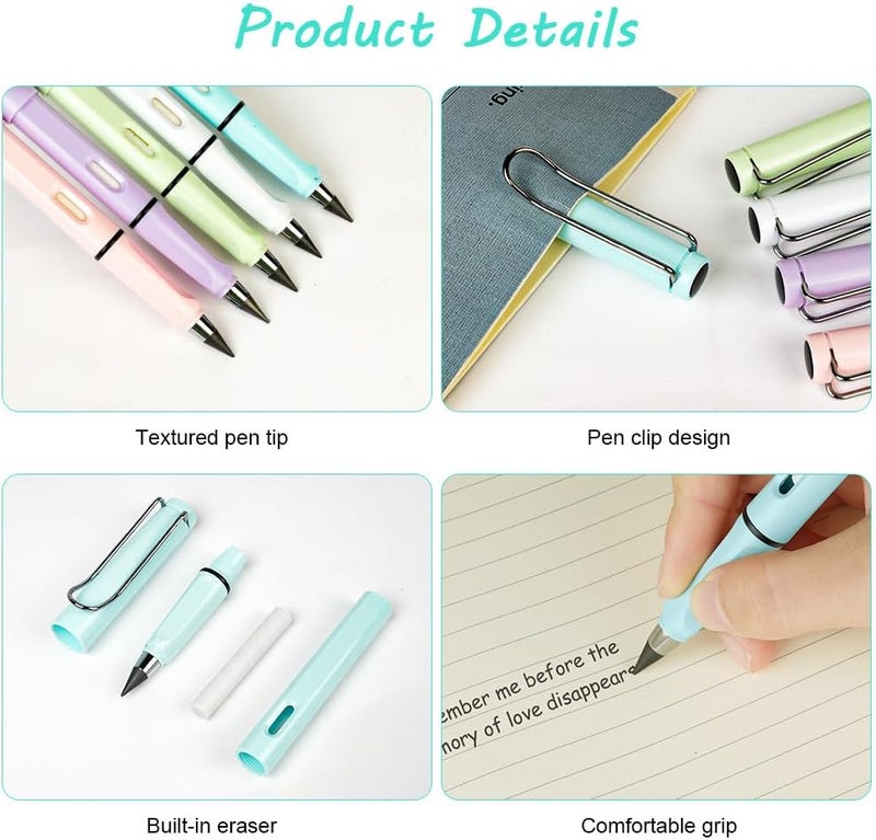 Ainiv Inkless Pencil with Eraser, 5 Sets Infinity Pencil Everlasting Pencil, Reusable Infinite Pencil with Extra 5 Eraser & 5 Replaceable Nibs, Endless Pencil for Home Office School Writing Drawing - Image 3